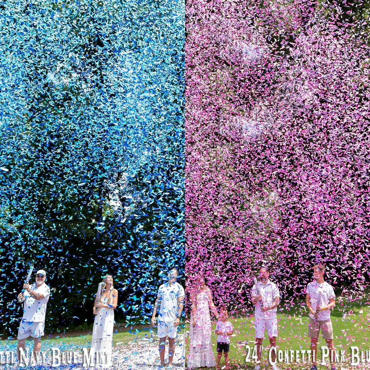 gender reveal blue and pink confetti canons